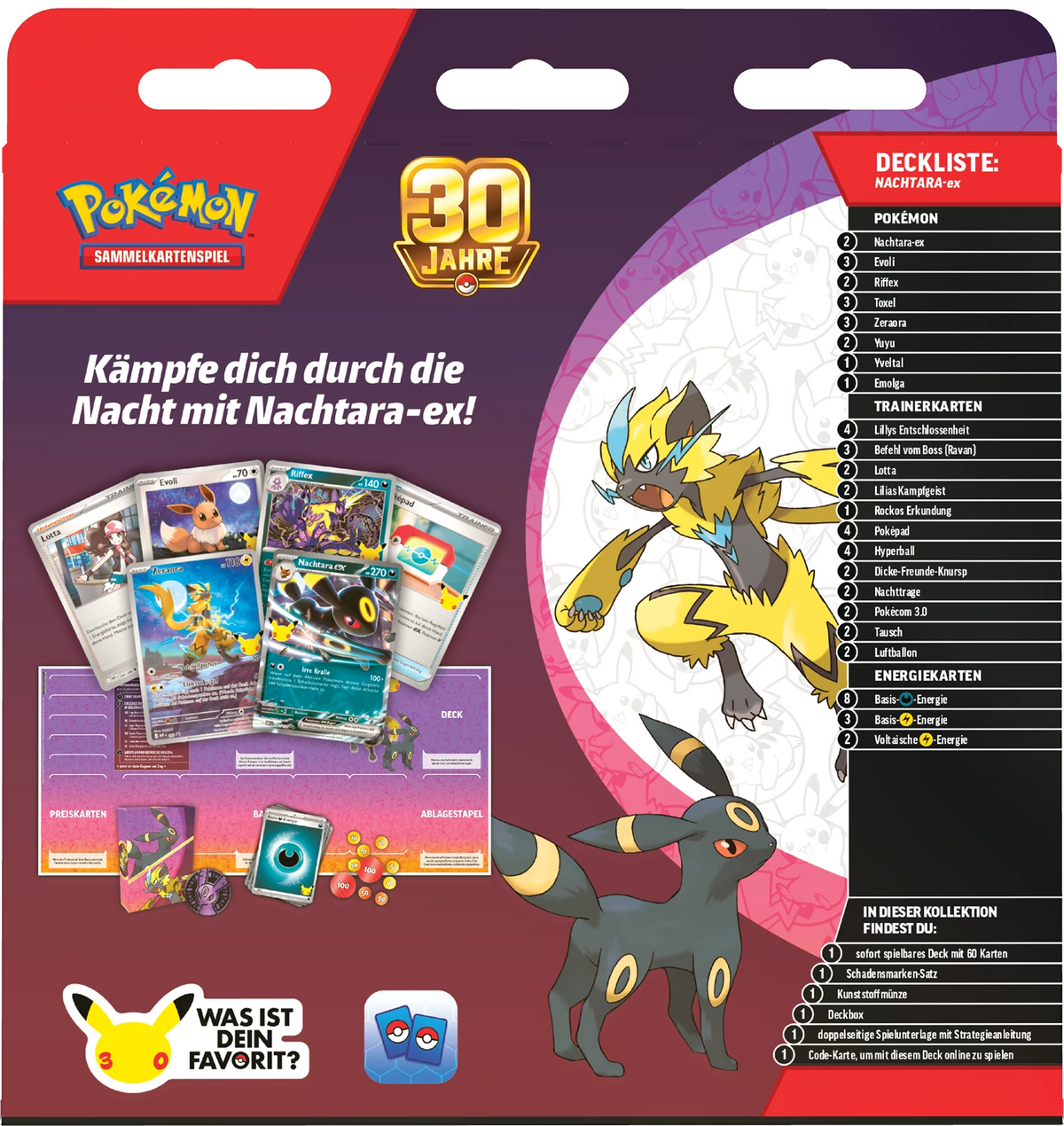 Pokémon Battle Deck 30 Jahre Nachtara ex mit Deckliste und Karten im Display