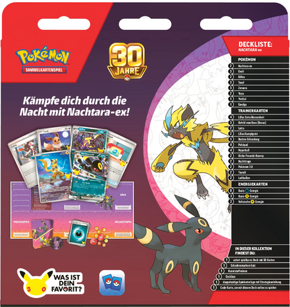 Pokémon Battle Deck 30 Jahre Nachtara ex mit Deckliste und Karten im Display