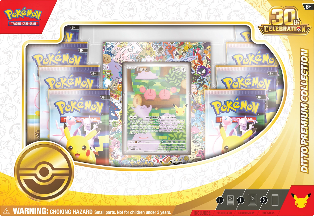 Pokémon Ditto Premium Collection Verpackung mit drei Kartenhüllen und goldfarbenem Design