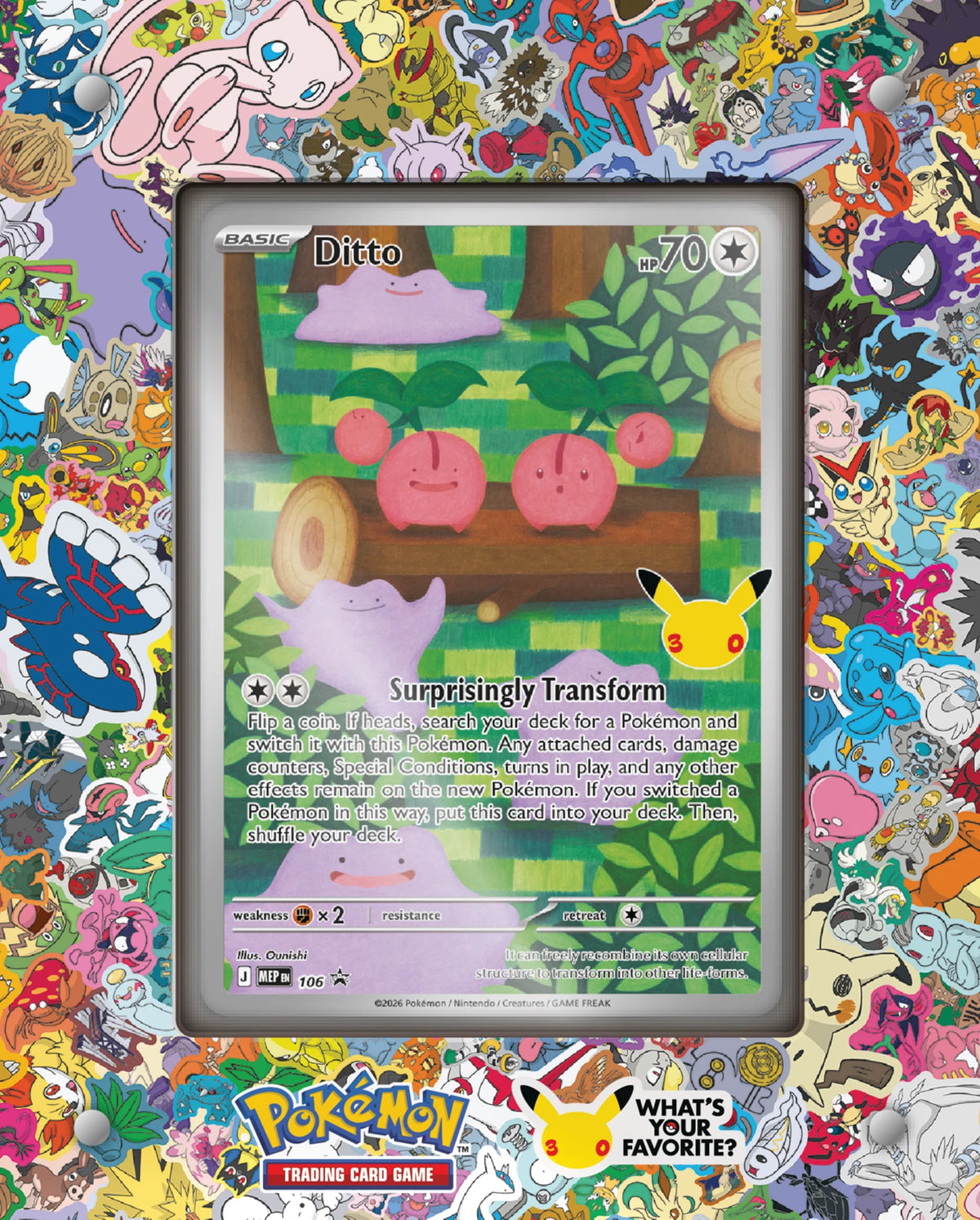 Pokémon Ditto-Karte im Kartenrahmen mit Transformationsmotiv und grünem Hintergrund