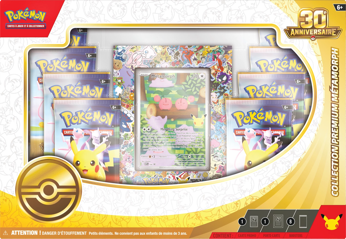 Pokémon Ditto Premium-Sammelbox mit drei Kartenanzeigen und Metamorph-Karte mittig