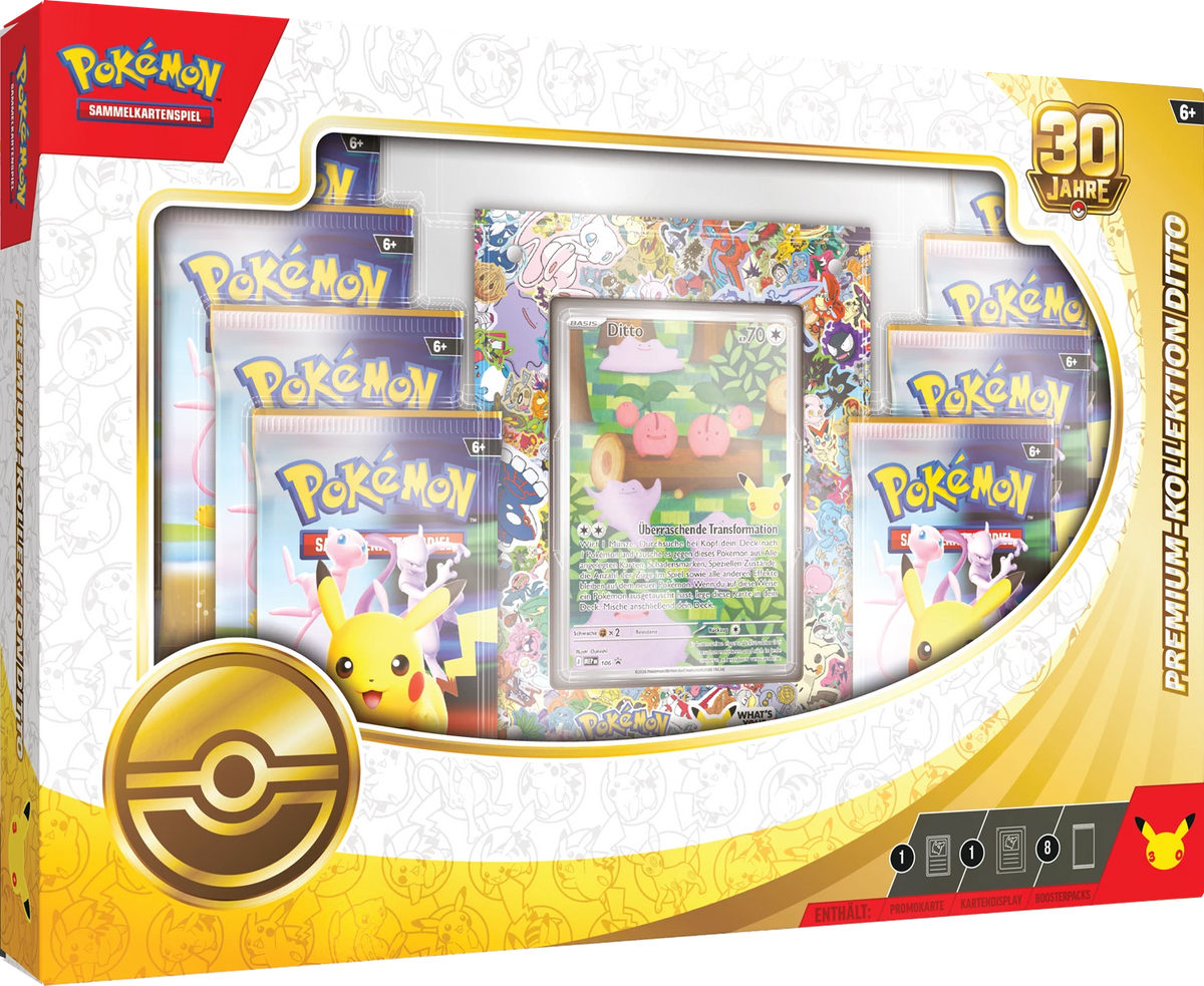 Pokémon Ditto Premium-Kollektion Box mit Kartenset und 30-Jahre-Logo