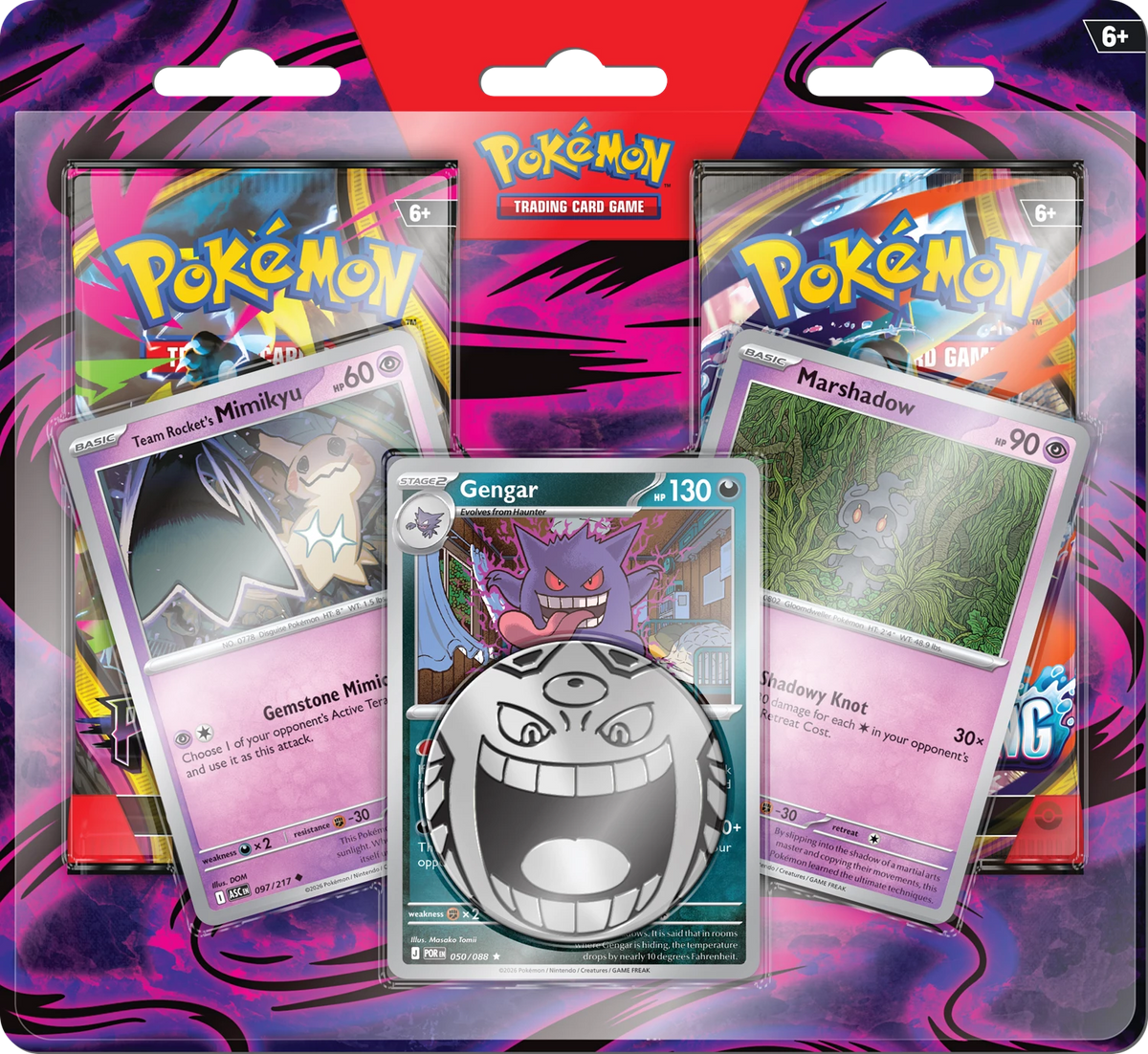Pokémon-Sammelkarten-Blister mit Gengar, Mimikyu, Marshadow und Münze