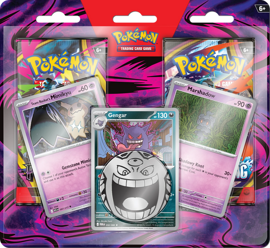 Pokémon-Sammelkarten-Blister mit Gengar, Mimikyu, Marshadow und Münze