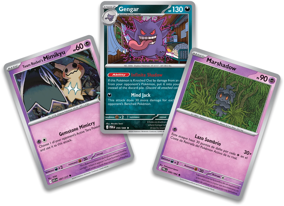 Drei Pokémon-Sammelkarten: Gengar, Team Rockets Mimigma und Marshadow.