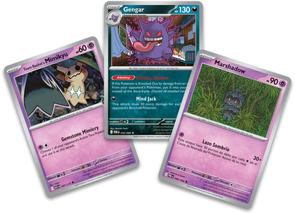 Drei Pokémon-Sammelkarten: Gengar, Team Rockets Mimigma und Marshadow.