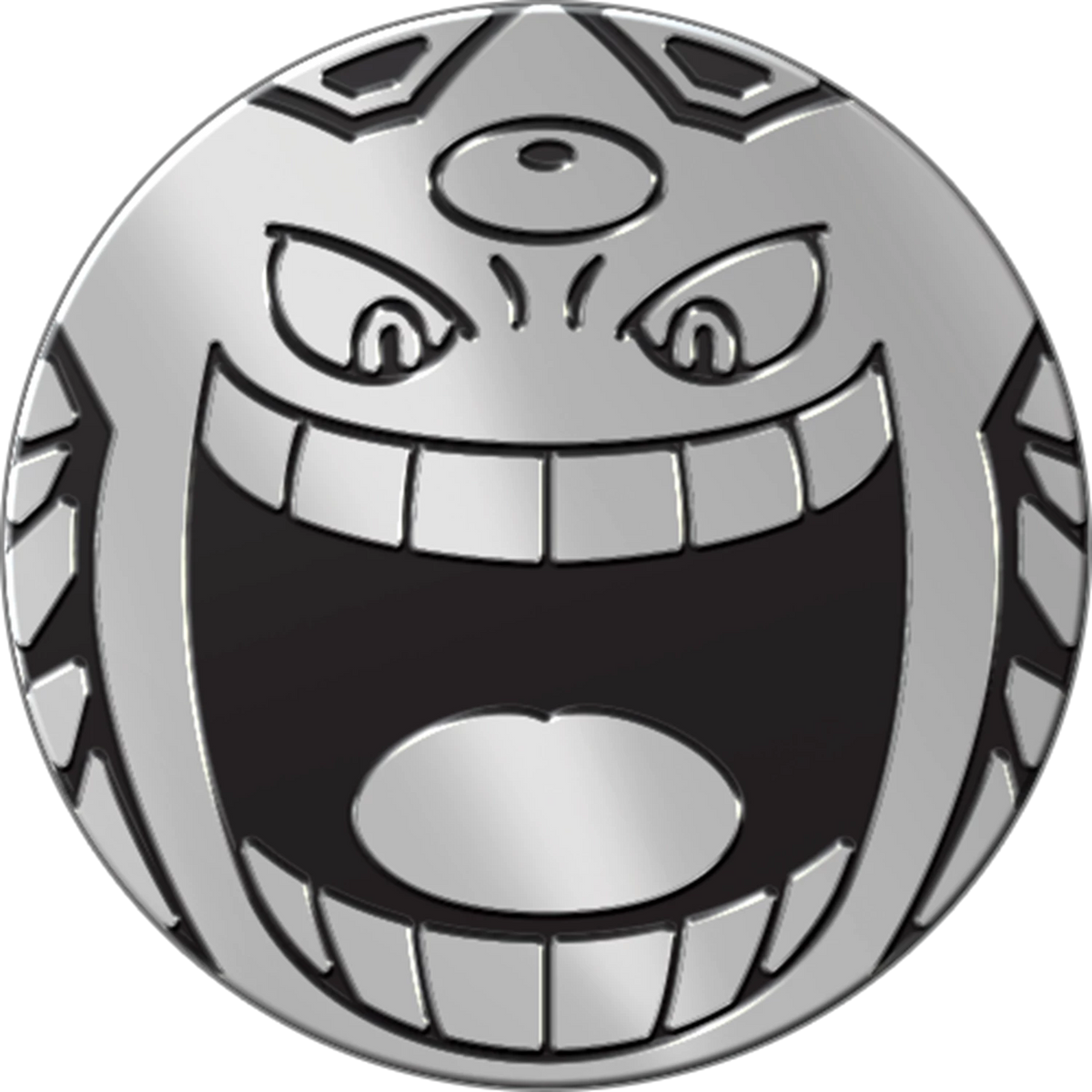 Gengar Münze im Nahbereich, weiß-schwarzer Kopf mit grinsendem Gesicht