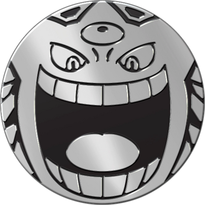 Gengar Münze im Nahbereich, weiß-schwarzer Kopf mit grinsendem Gesicht