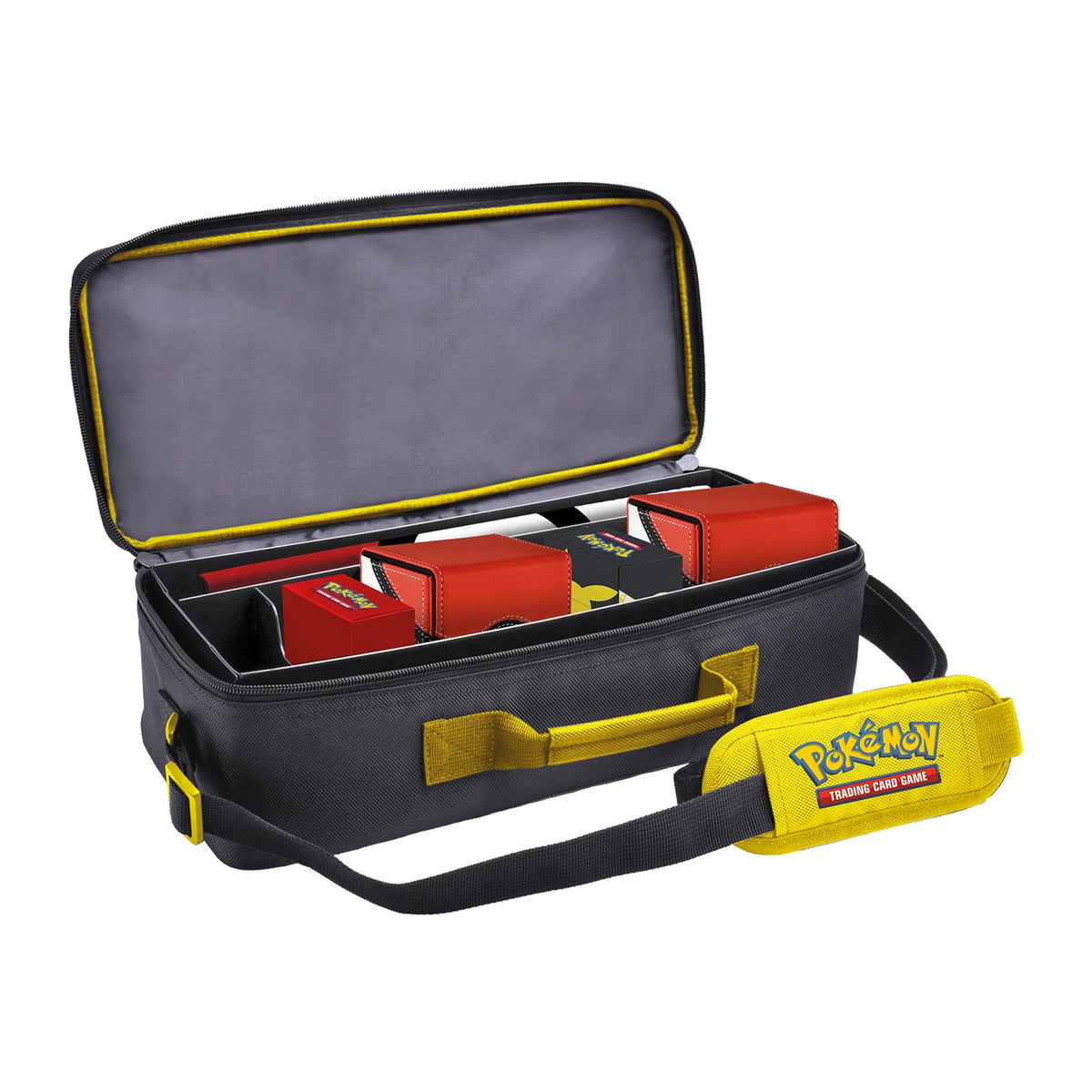 Tasche geöffnet mit Innenfächern und Kartenetui; Pikachu-Design, gelbe Kanten