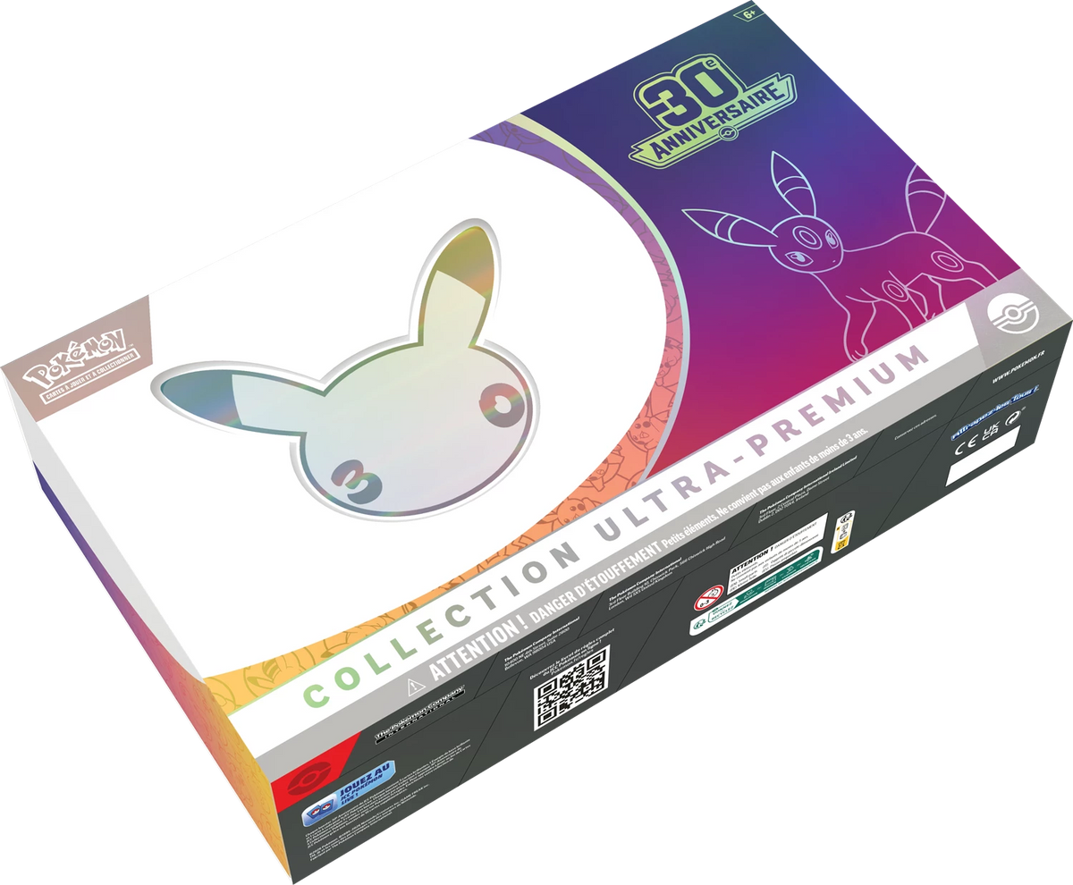 Pokémon Ultra-Premium-Kollektion Umbreon ex: Box von der Seite mit 30-Jahre-Emblem und Umbreon