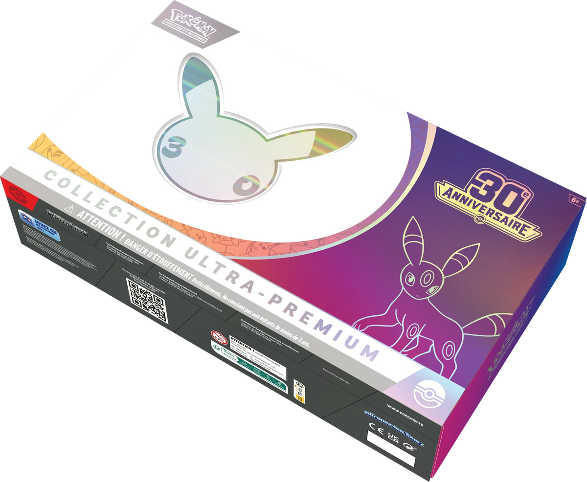 Pokémon Ultra-Premium-Kollektion Umbreon ex: Kartonrückseite mit Umbreon-Symbol und 30-Jahre
