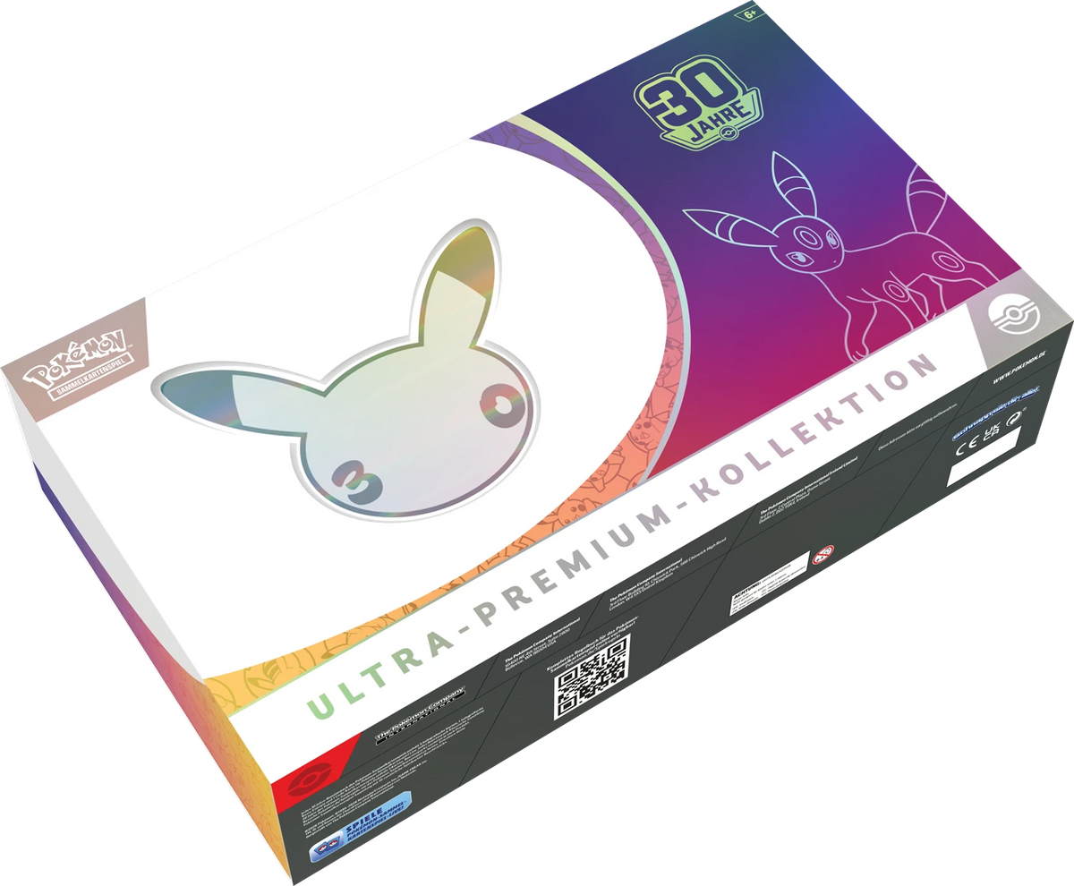 Pokémon Ultra-Premium-Box, schräger Blick mit 30-Jahre-Aufdruck und Pokémon-Silhouette