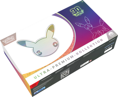 Pokémon Ultra-Premium-Box, schräger Blick mit 30-Jahre-Aufdruck und Pokémon-Silhouette