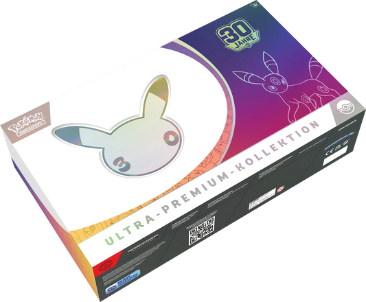 Pokémon Ultra-Premium-Box, schräger Blick mit 30-Jahre-Aufdruck und Pokémon-Silhouette