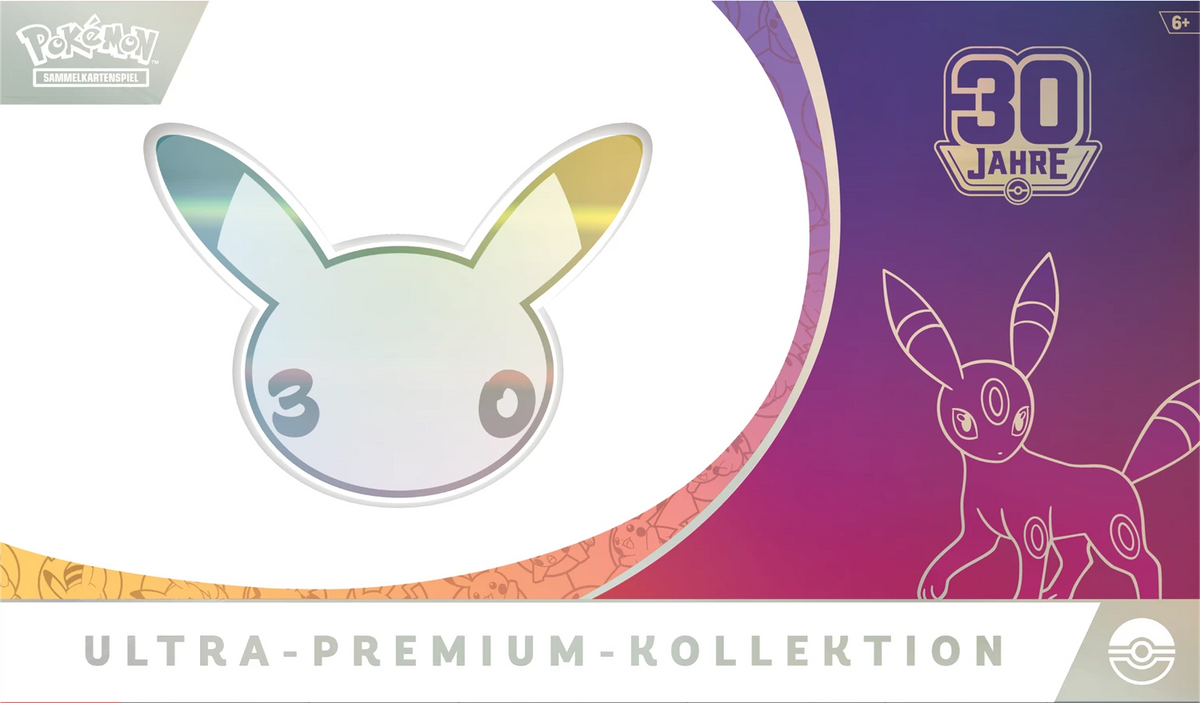 Pokémon Ultra-Premium-Box, Frontdetail mit großer Pokémon-Silhouette und 30-Jahre-Label
