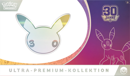 Pokémon Ultra-Premium-Box, Frontdetail mit großer Pokémon-Silhouette und 30-Jahre-Label