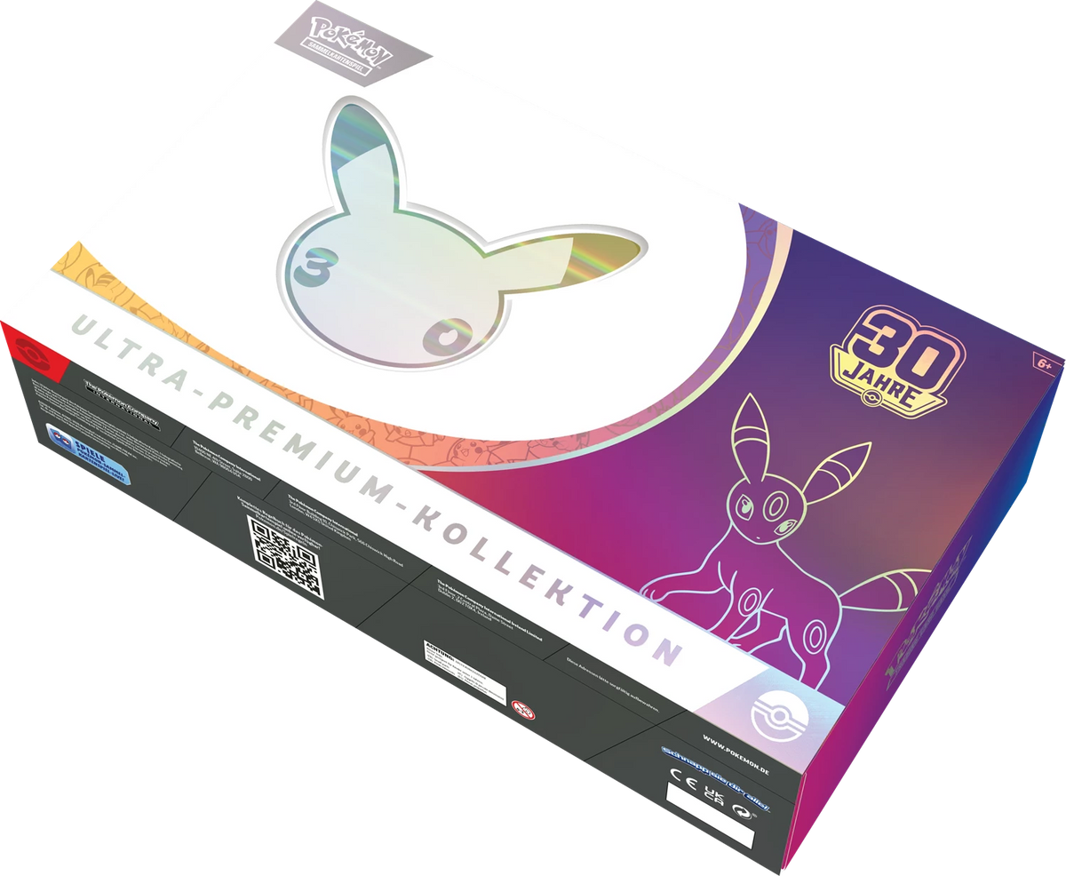Pokémon Ultra-Premium-Box, Seitenansicht mit 30-Jahre-Emblem und Pokémon-Silhouette