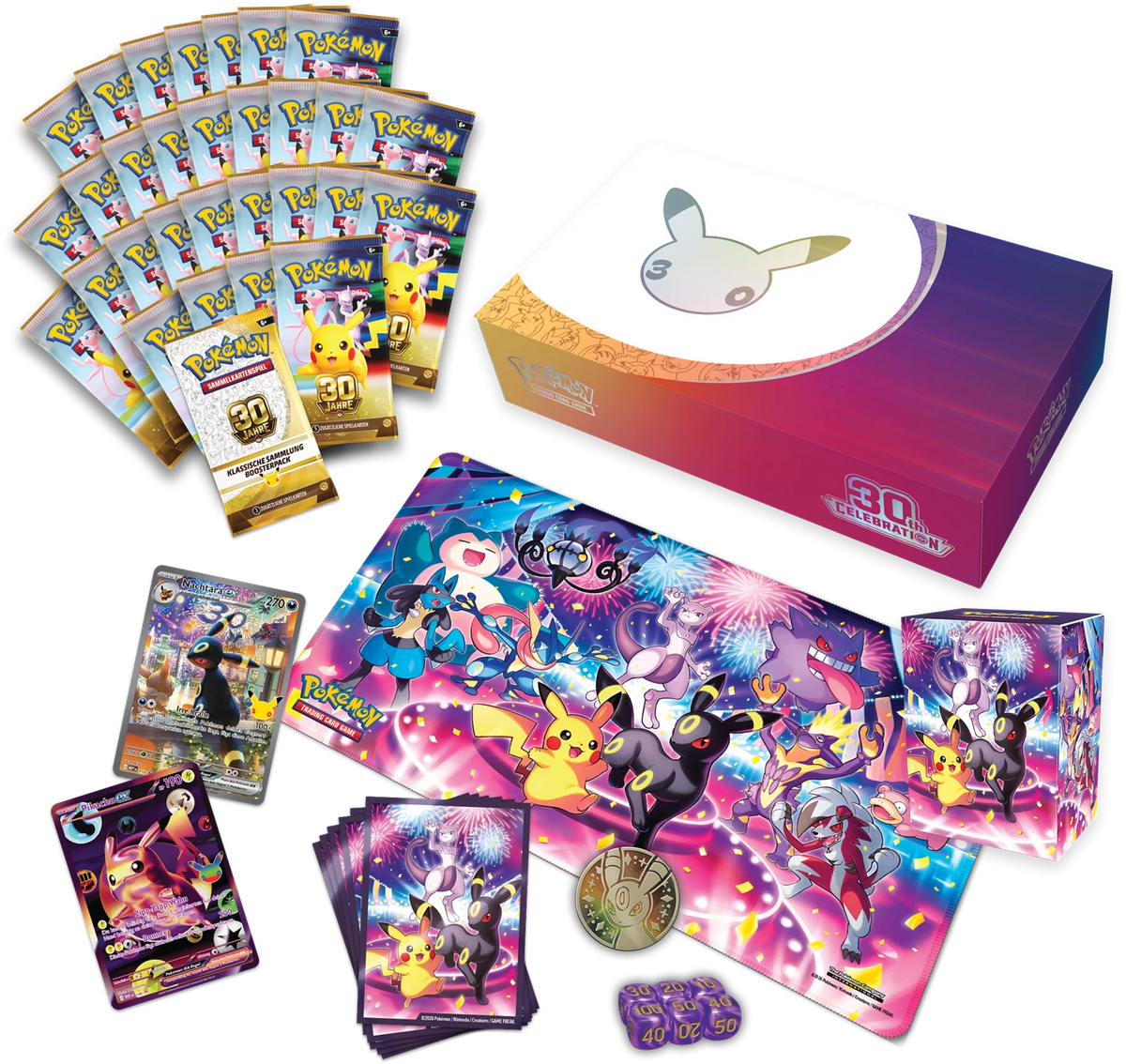 Pokémon Ultra-Premium-Box mit 30-Jahre-Emblem und mehreren Boosterpacks im Set