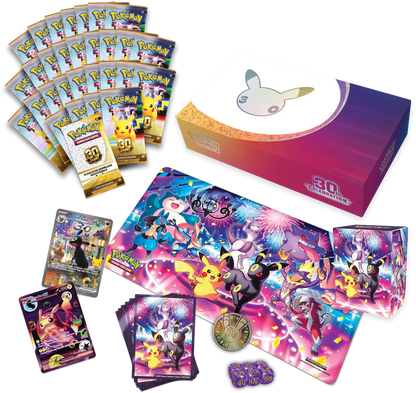 Pokémon Ultra-Premium-Box mit 30-Jahre-Emblem und mehreren Boosterpacks im Set