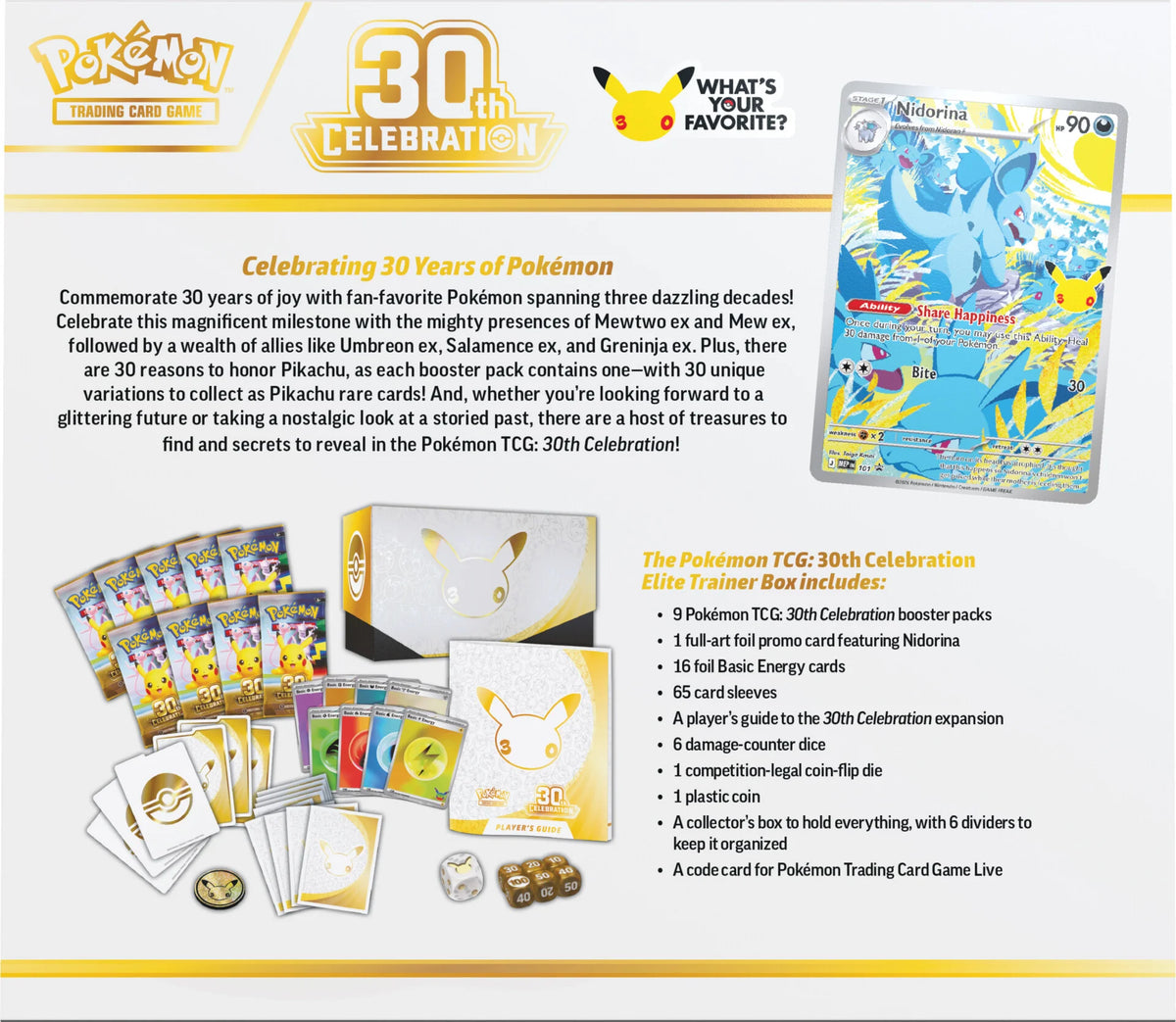 Pokémon Elite Trainer Box 30th Celebration, Rückseite mit Karten-Details und Inhalt