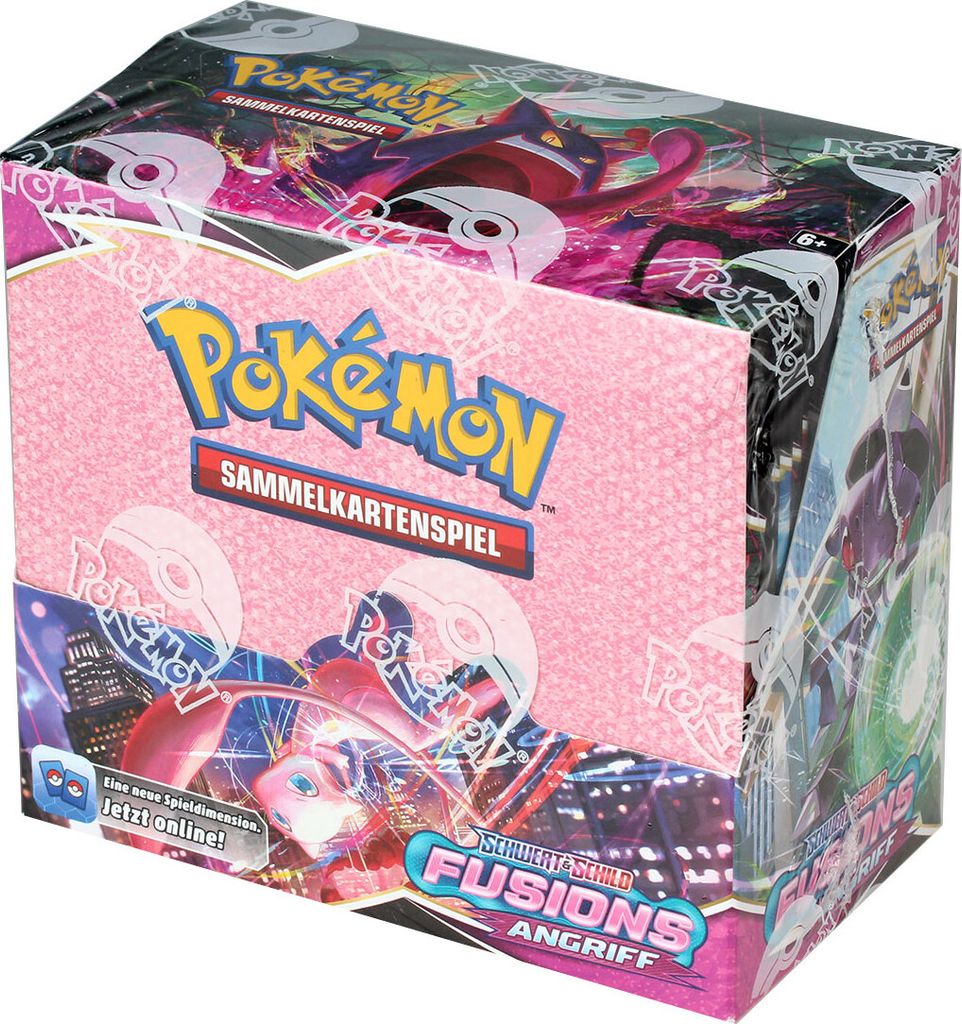 Pokémon Sammelkartenbox „Fusion Strikes Angriff“ im pink-schwarzen Design