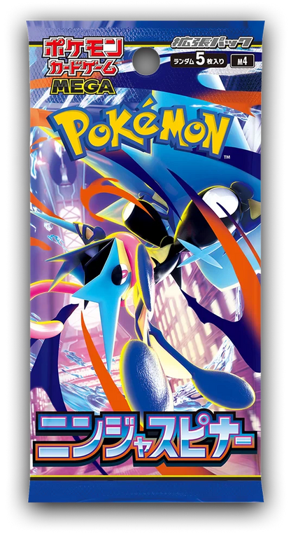 Pokémon Kartenpackung MEGA mit blau-orangen Ninja-Spinner-Motiv auf Vorderseite