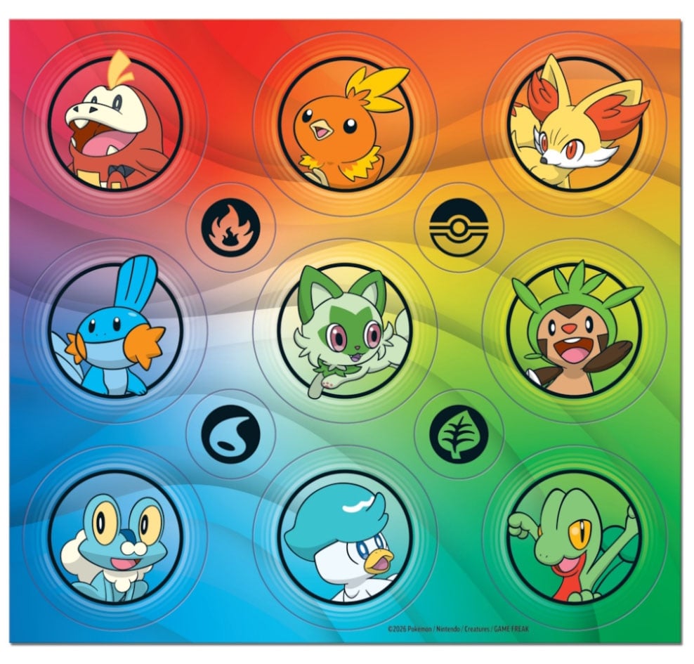 Stickerbogen mit Pokémon-Charakteren in kreisförmigen Abbildungen