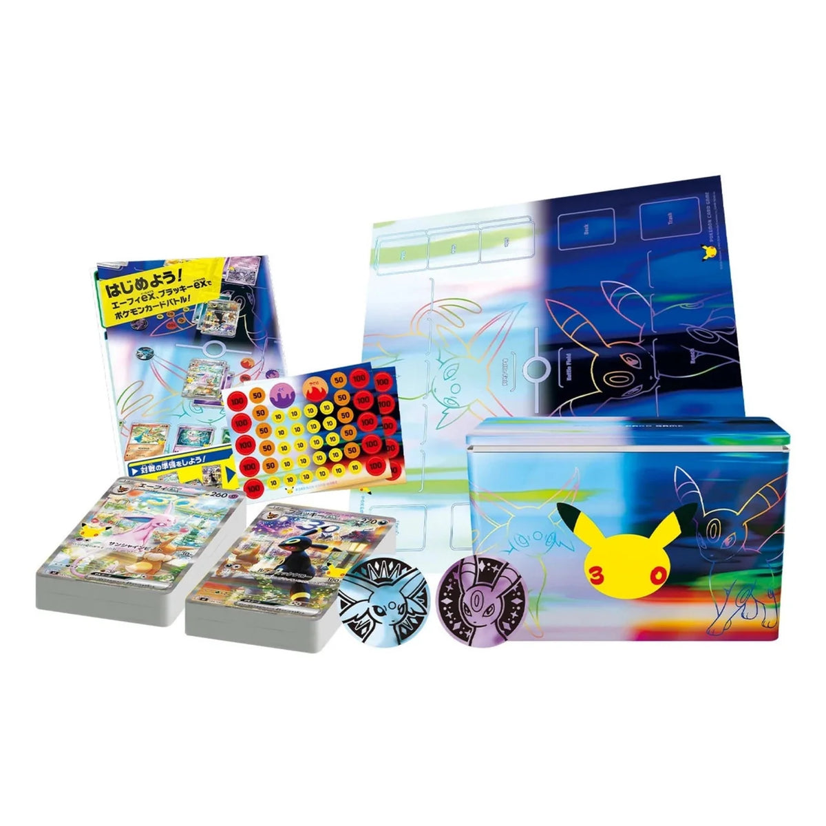 Pokémon Premium-Deck-Set mit Karten und Zubehör, offen ausgelegt