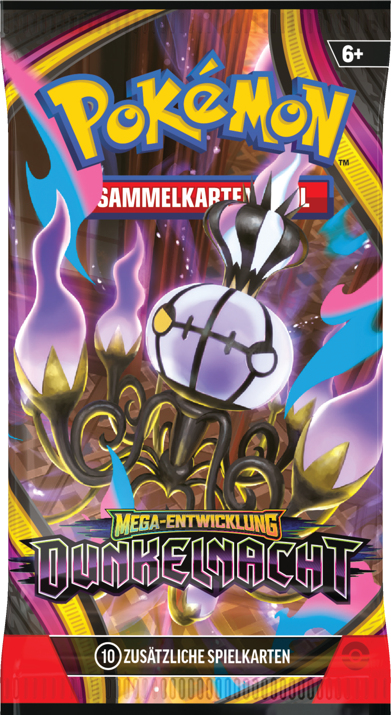 Pokémon Boosterpack „Dunkelnacht“ mit Sammelkarten-Label und weißem Pokémon