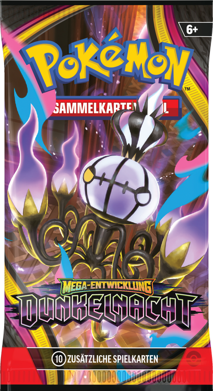 Pokémon Boosterpack „Dunkelnacht“ mit Sammelkarten-Label und weißem Pokémon
