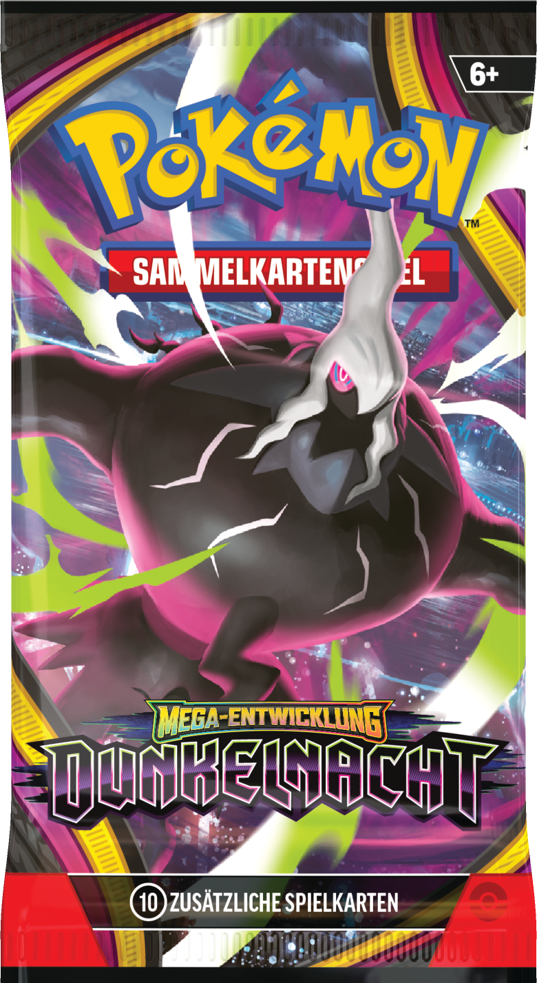 Pokémon Boosterpack „Dunkelnacht“ mit Sammelkarten-Text und dunklem Pokémon