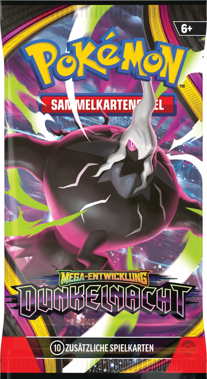 Pokémon Boosterpack „Dunkelnacht“ mit Sammelkarten-Text und dunklem Pokémon
