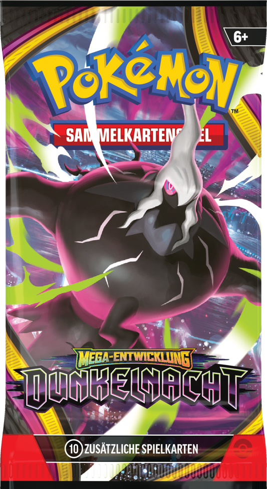 Pokémon Boosterpack „Dunkelnacht“ mit Sammelkarten-Text und dunklem Pokémon