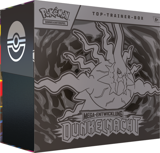 Pokémon Elite Trainer Box: dunkelgraue Box mit Mega-Entwicklung-Dunkelnacht-Grafik und Pokémon-Logo