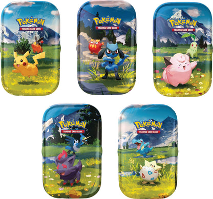 Pokémon Mini-Tins (5 Stück) mit blauem Landschaftsdesign und Pokémon-Motiven