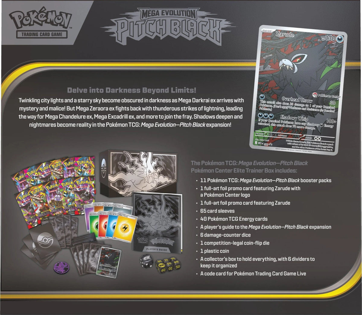 Pokémon Elite Trainer Box „Pitch Black“ Rückseite mit Inhaltsangaben und Kartenvorschau
