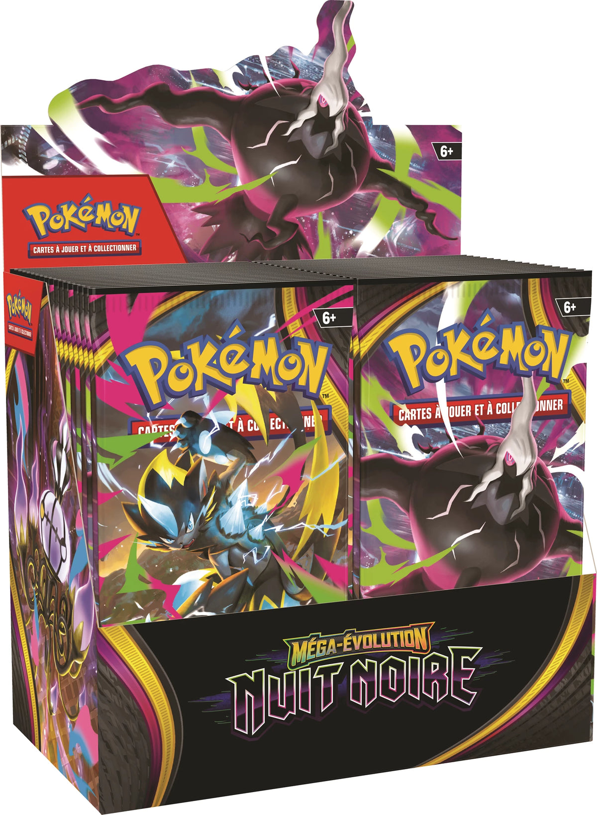 Booster-Display mit Pokémon-Logos und schwarzem lila Artwork „Méga-Évolution Nuit Noire“