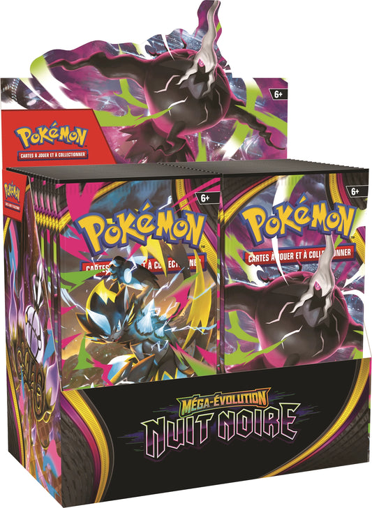 Booster-Display mit Pokémon-Logos und schwarzem lila Artwork „Méga-Évolution Nuit Noire“