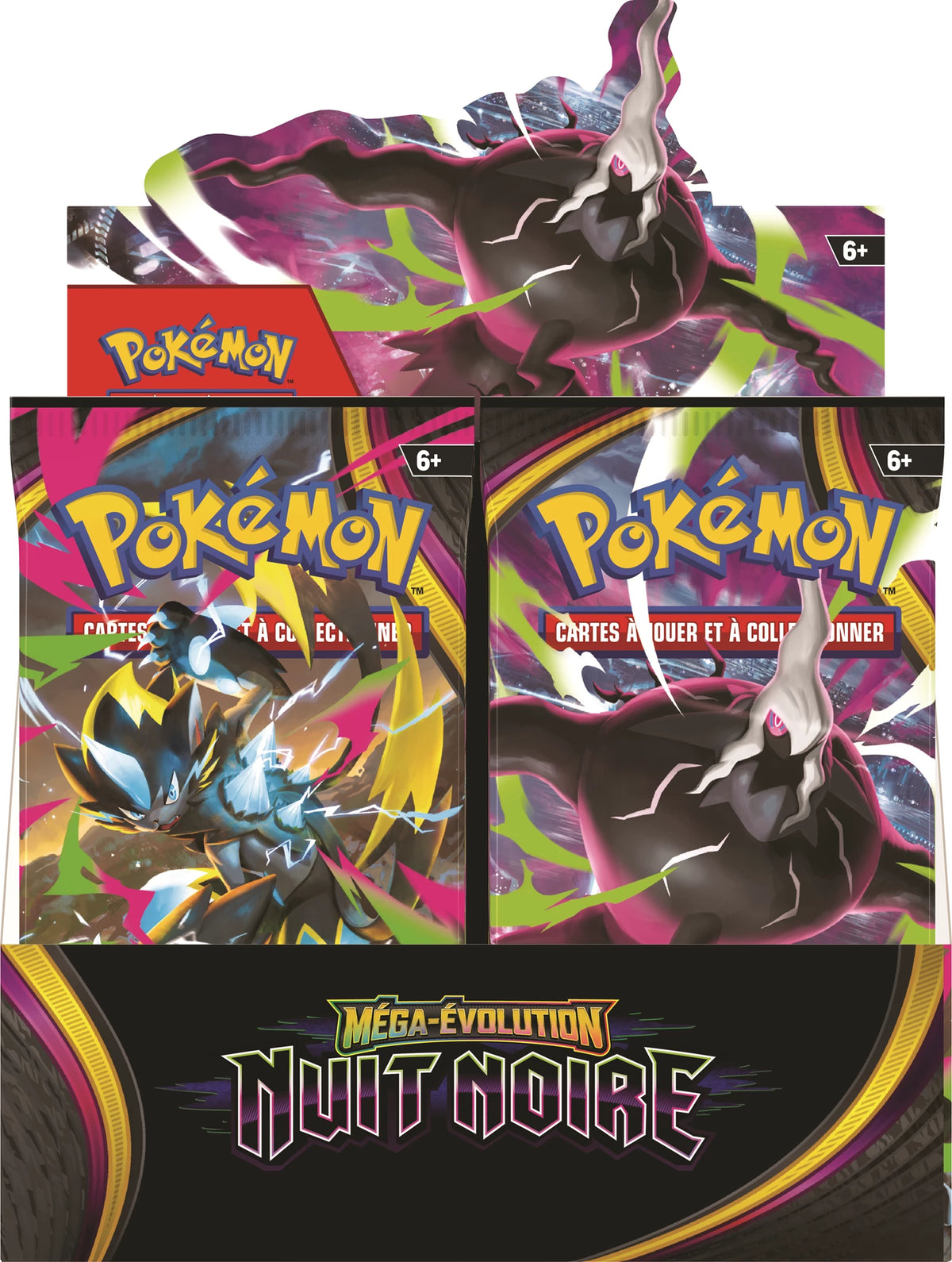 Booster-Display, Vorderansicht mit Pokémon-Bildmotiven und „Méga-Évolution Nuit Noire“ Schriftzug