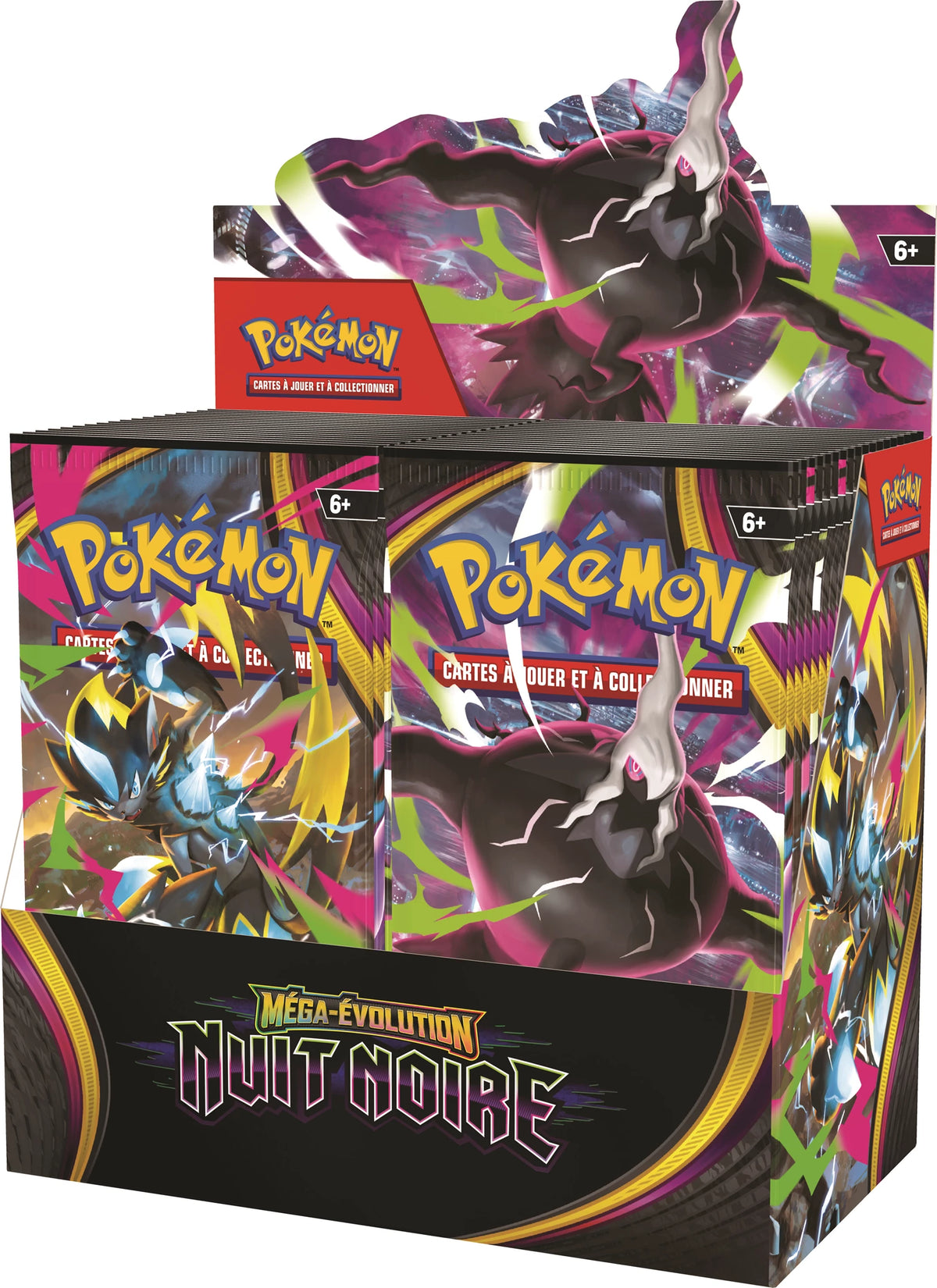 Booster-Display mit Pokémon-Aufdruck, Mega-Évolution „Nuit Noire“ und seitlichem Kartenmotiv