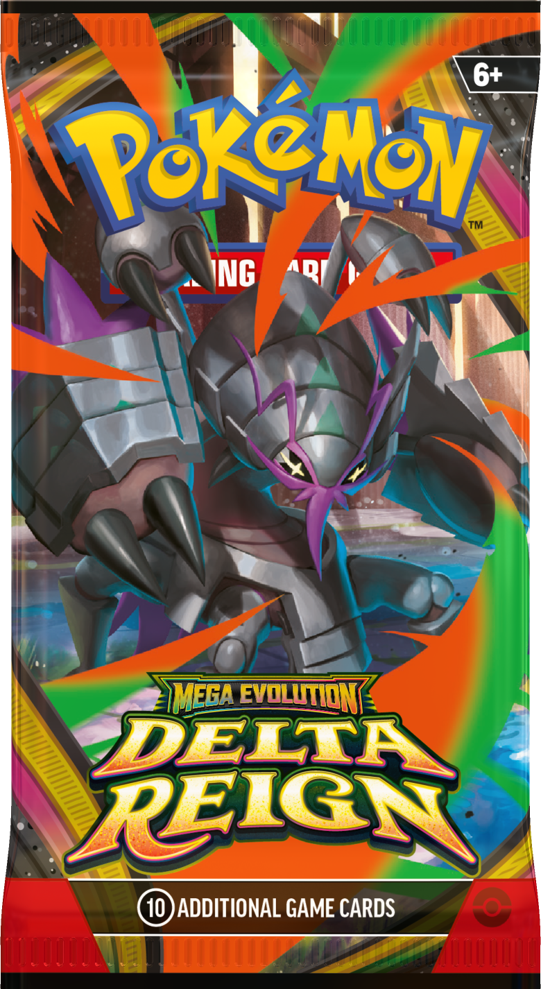 Booster-Display „Delta Reign“ mit dunklem Panzer-Pokémon und leuchtenden Kanten