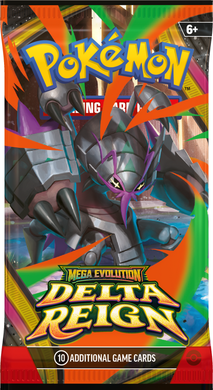 Booster-Display „Delta Reign“ mit dunklem Panzer-Pokémon und leuchtenden Kanten