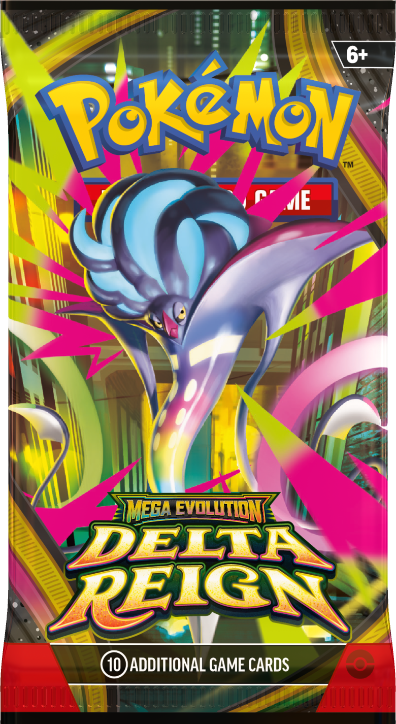 Booster-Display „Delta Reign“ mit blau-violettem Pokémon-Motiv und Aufdruck „Mega Evolution“