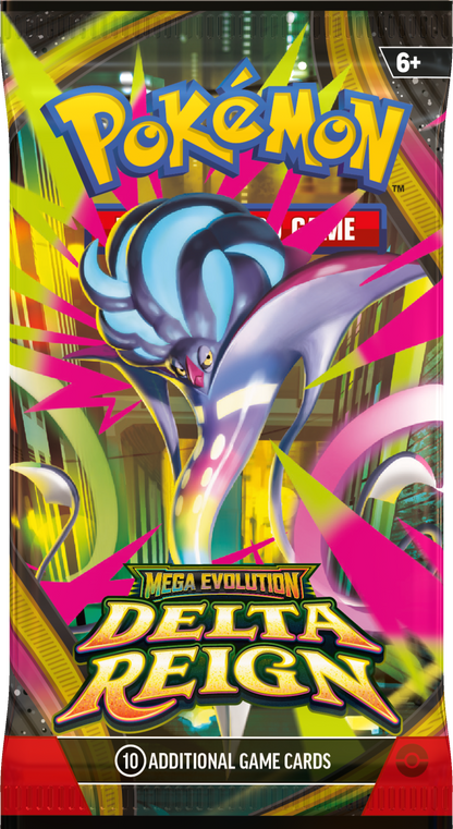 Booster-Display „Delta Reign“ mit blau-violettem Pokémon-Motiv und Aufdruck „Mega Evolution“