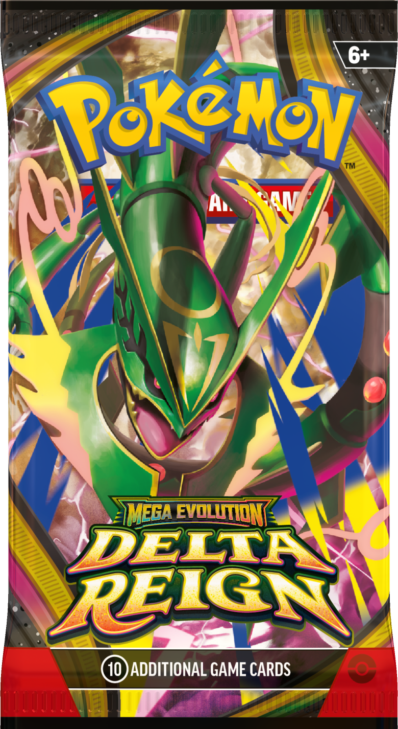 Booster-Display „Delta Reign“ mit grünem Pokémon-Motiv und kräftigen bunten Schriftzügen