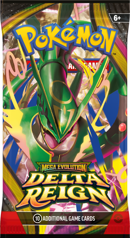 Booster-Display „Delta Reign“ mit grünem Pokémon-Motiv und kräftigen bunten Schriftzügen