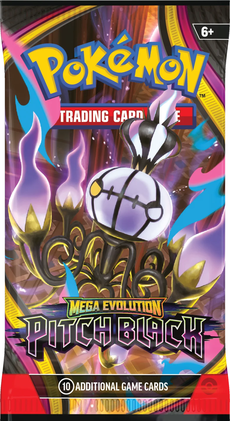 Pokémon Pitch Black Booster-Display mit Pokémon-Charakter, 6+ und „Mega Evolution“.