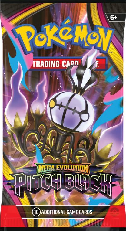 Pokémon Pitch Black Booster-Display mit Pokémon-Charakter, 6+ und „Mega Evolution“.
