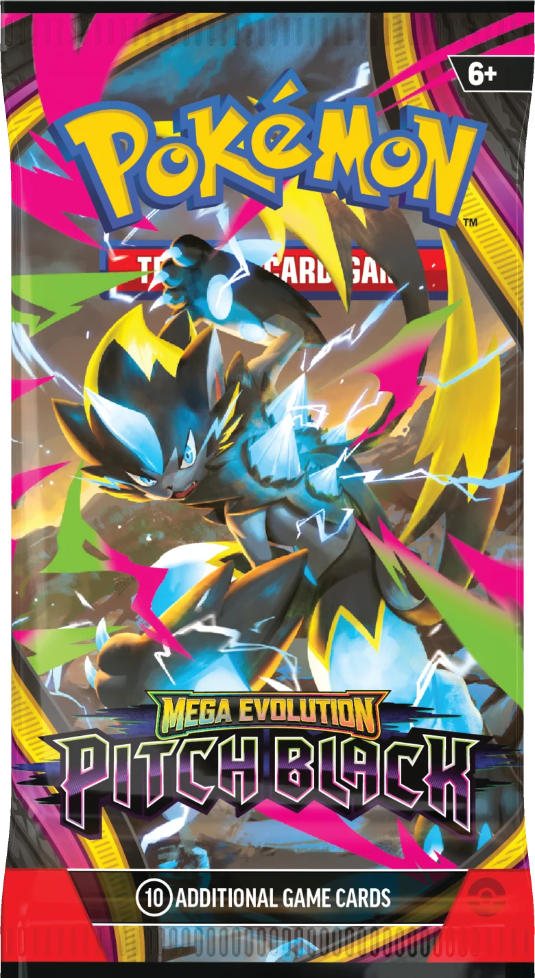 Pokémon Pitch Black Booster-Display mit Mega-Evolution-Illustration, 6+ Altersangabe.