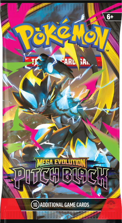 Pokémon Pitch Black Booster-Display mit Mega-Evolution-Illustration, 6+ Altersangabe.